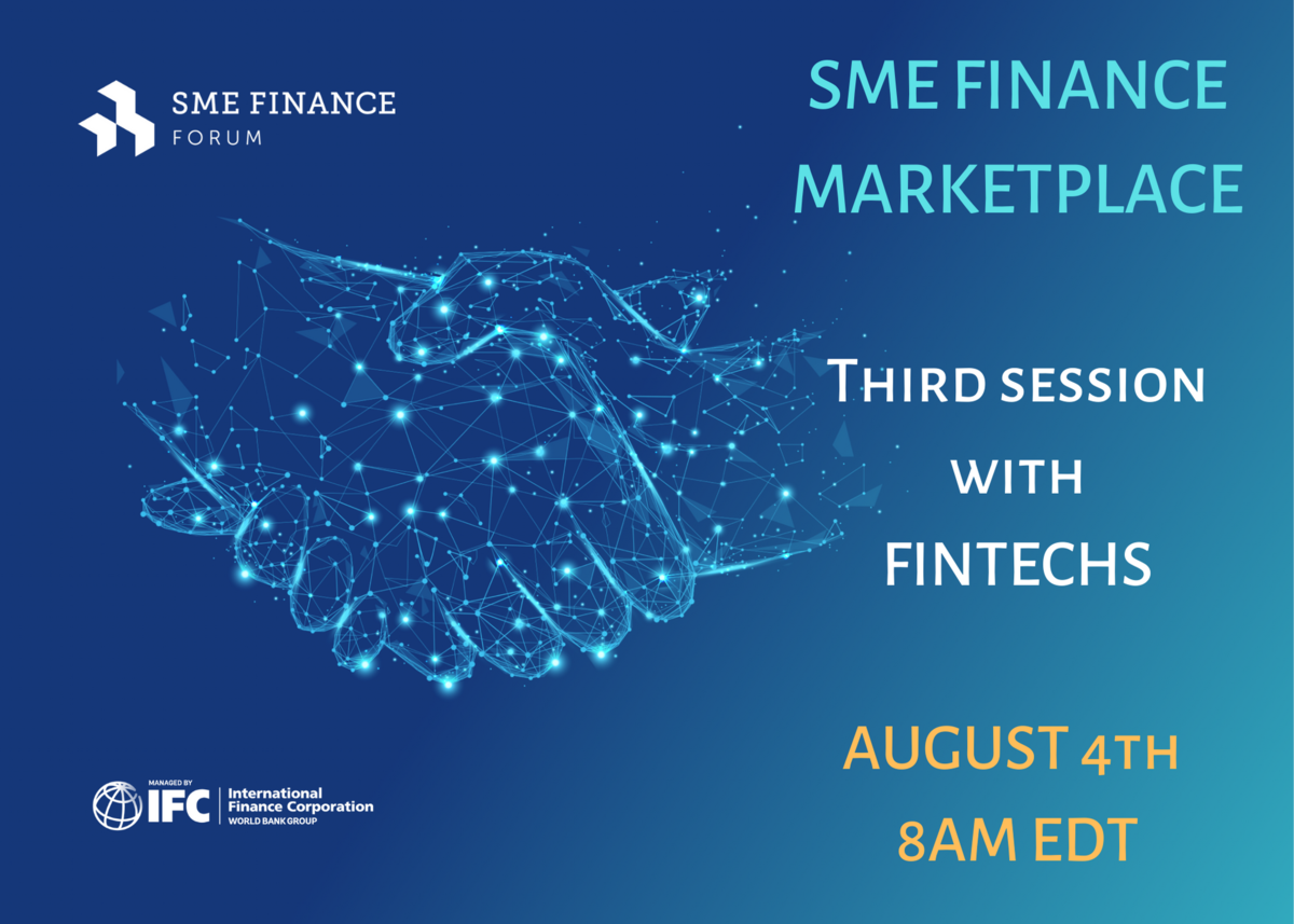 Drawing of hand shake in blue background with title SME Finance Marketplace Session with Fintechs on August 4th 2021