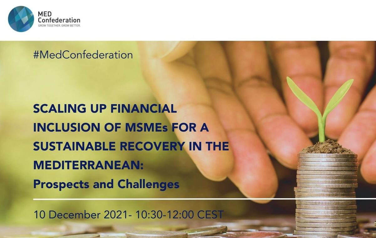 Webinar - Scaling Up Financial Inclusion of MSMEs for a Sustainable Recovery in the Mediterranean Prospects and Challenges -Hands with stack of coins and a plant growing on topof them. 