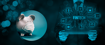 piggy bank with mask and hands holding a table with a Fintech sign