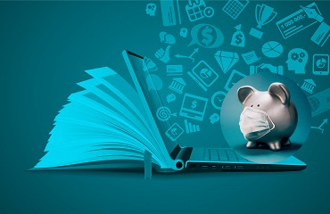 Piggy bank with mask on a computer and book with icons