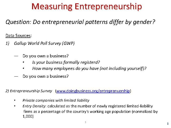 Measuring Entrepreneurship: Do entrepreneurial patterns differ by gender?