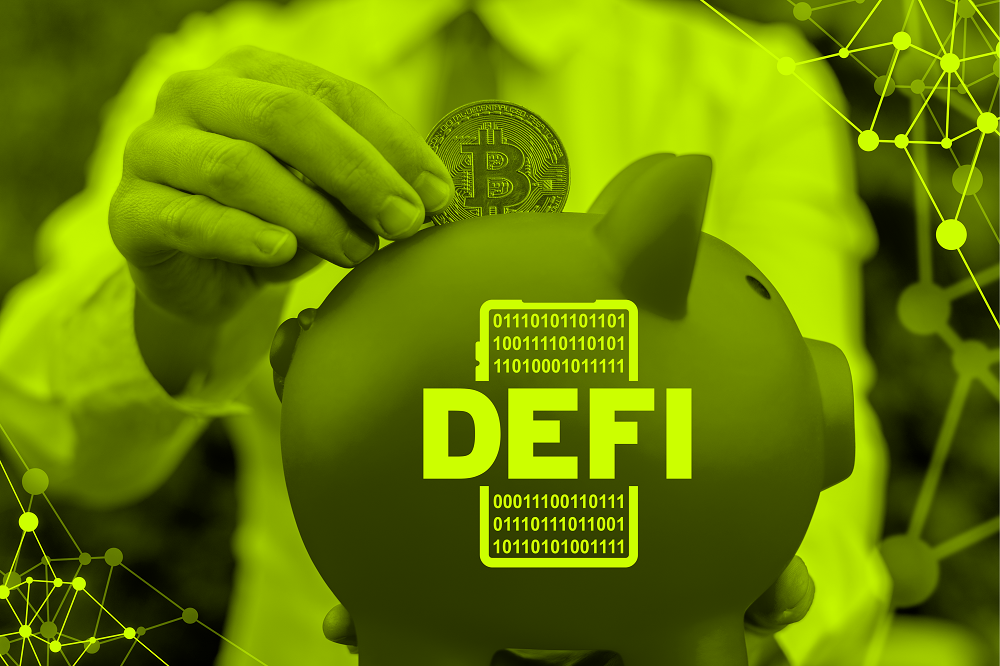 Man in suit putting a bitcoin inside a piggy bank with a DEFI label
