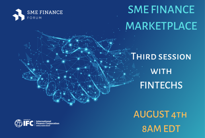 Drawing of hand shake in blue background with title SME Finance Marketplace Session with Fintechs on August 4th 2021