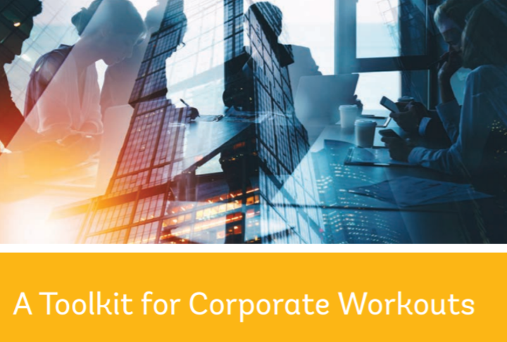 People in a meeting with a blue filter and the words: Toolkit for Corporate Workouts