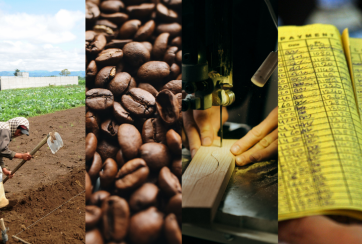 Publication Cover of a farmer, coffee beans, machine and paper in color