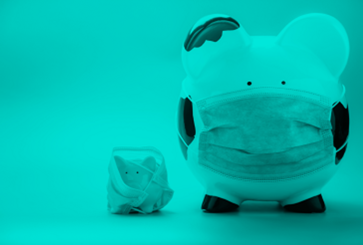 Two piggy banks with masks, one large, one small.