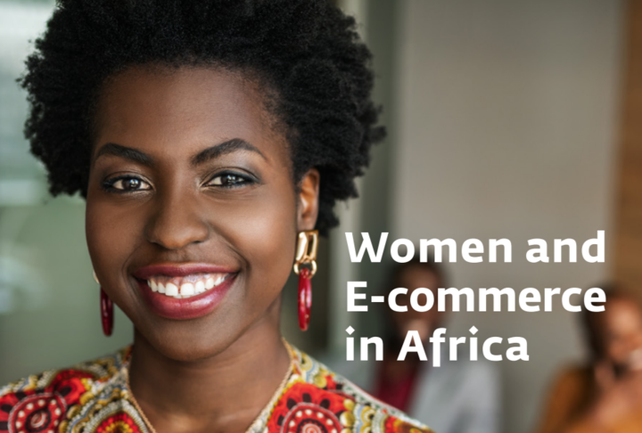 Close up of African woman smiling with title Women and E-commerce in Africa