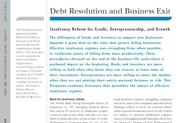 Debt Resolution and Business Exit - Insolvency reform for credit, entrepreneurship and growth