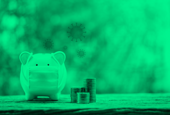 Piggy bank with mask and money, with coronavirus images