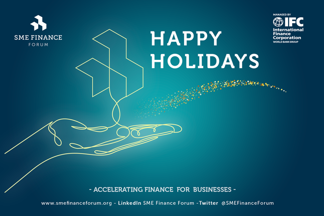 Happy Holidays card with an outlined hand throwing glitter and SME Finance Forum logo white and yellow on the navy blue background