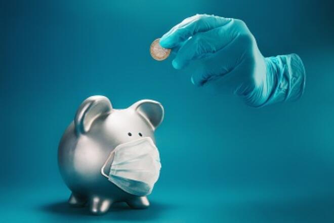 piggy bank with mask and hand with gloves and a coin